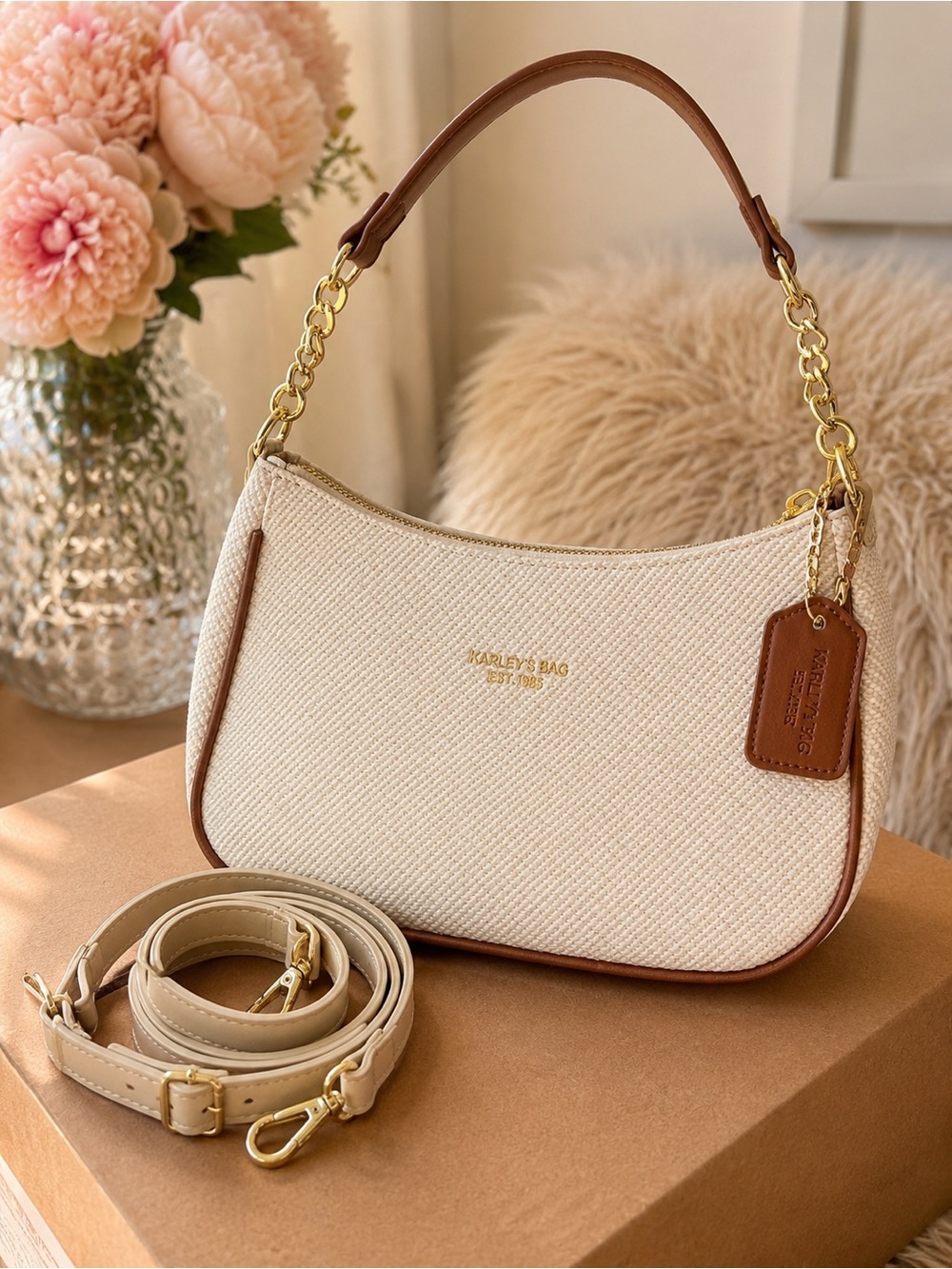 Karley’s Bag Cream Woven Shoulder Crossbody Bag Brown Gold Chain 2 Straps NWOT